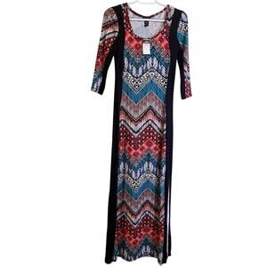 Rue21 Aztec Peach Teal Black Slit 3/4 Sleeve Scoop Neck Maxi Dress Small Modest